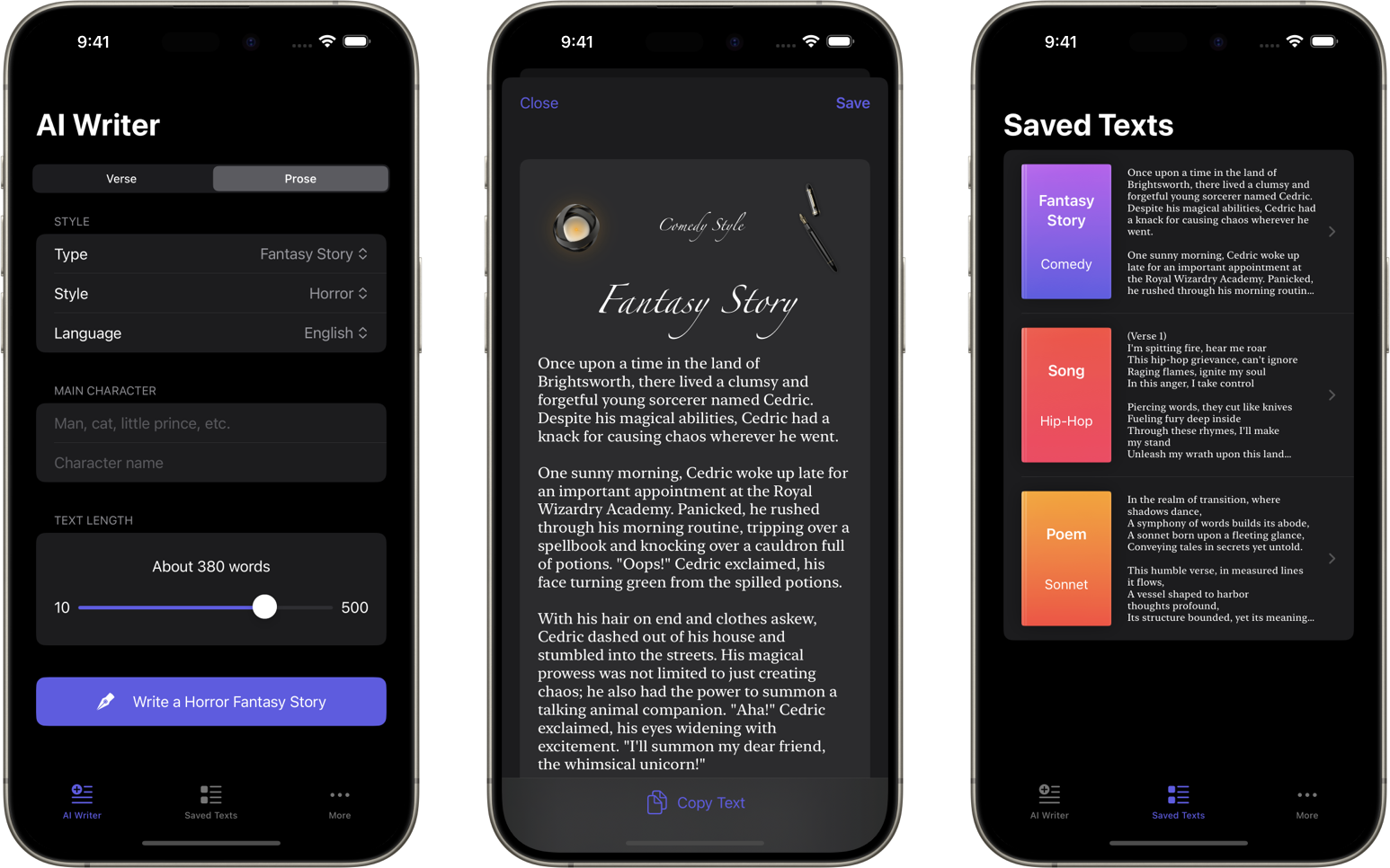 AI Writer App Dark Mode Screenshots